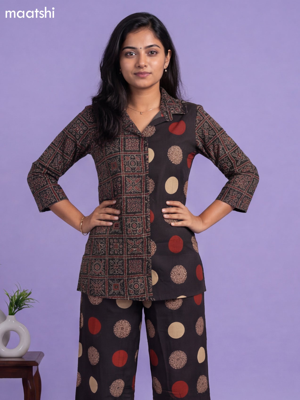 Black and Maroon Cotton Ajrakh Printed Co-Ord Set