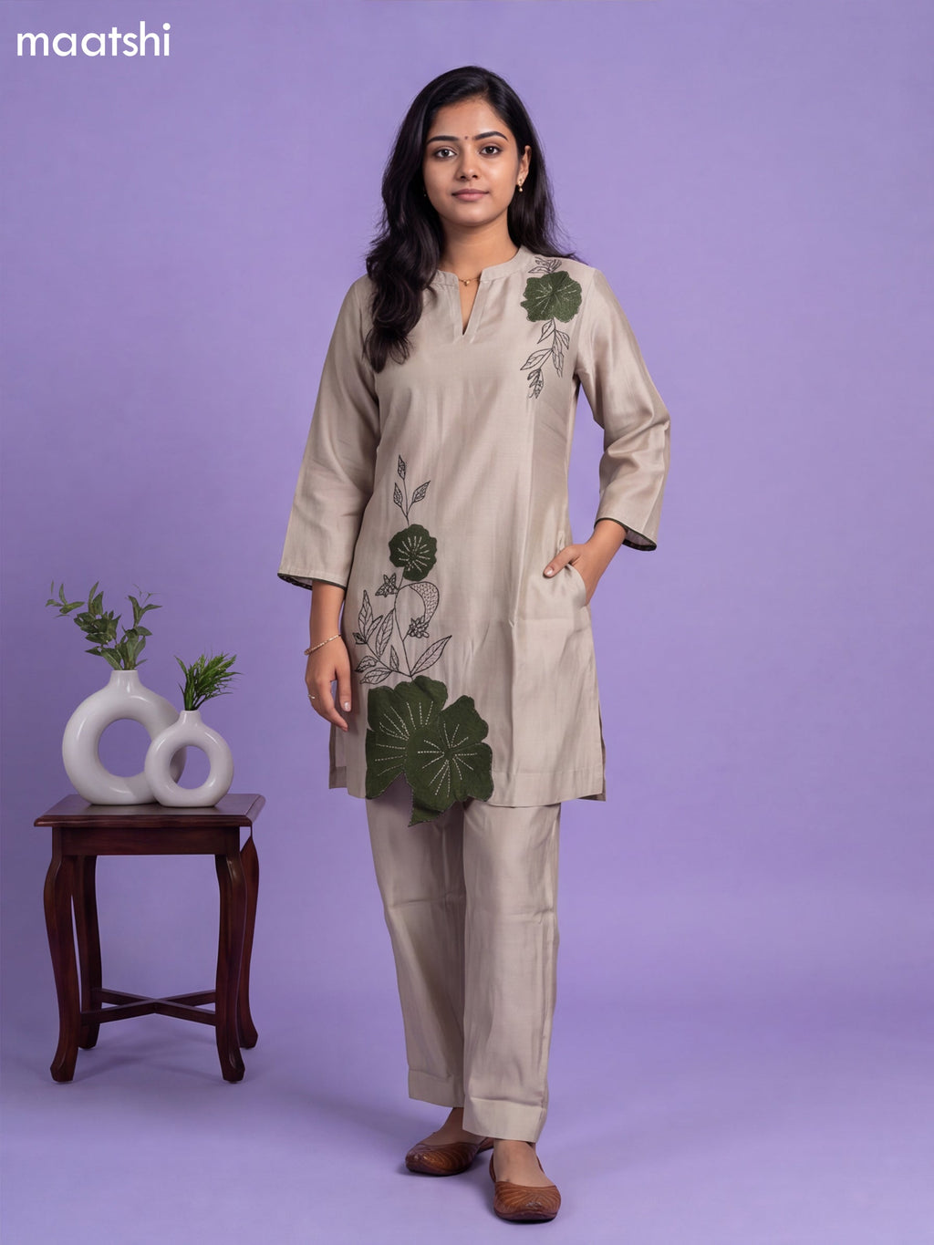 Beige Chanderi Embroidery Work Co-Ord Set