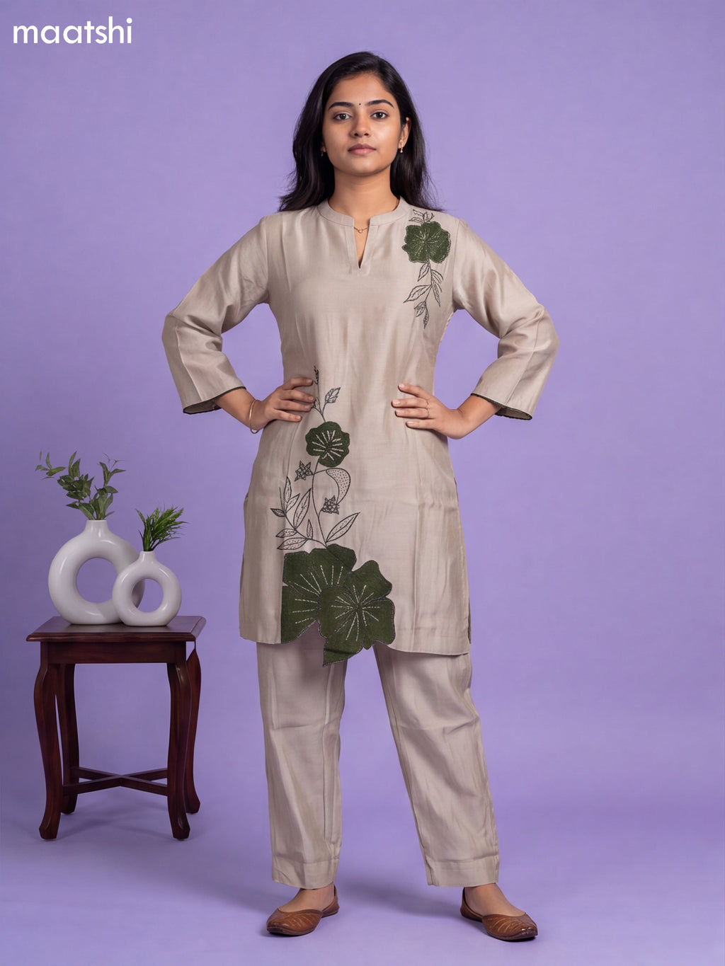 Beige Chanderi Embroidery Work Co-Ord Set