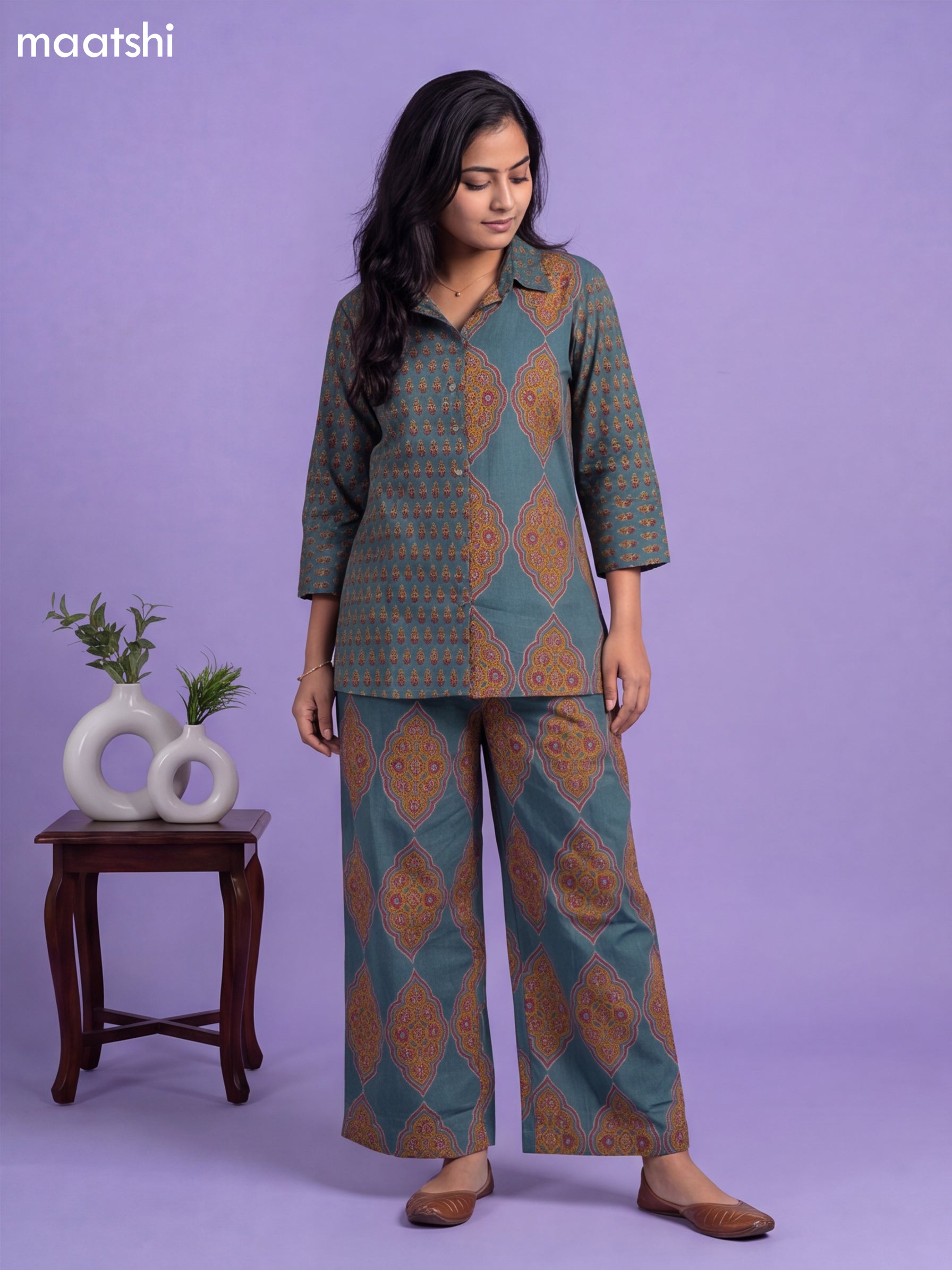 Teal Blue Cotton Kalamkari Printed Co-Ord Set