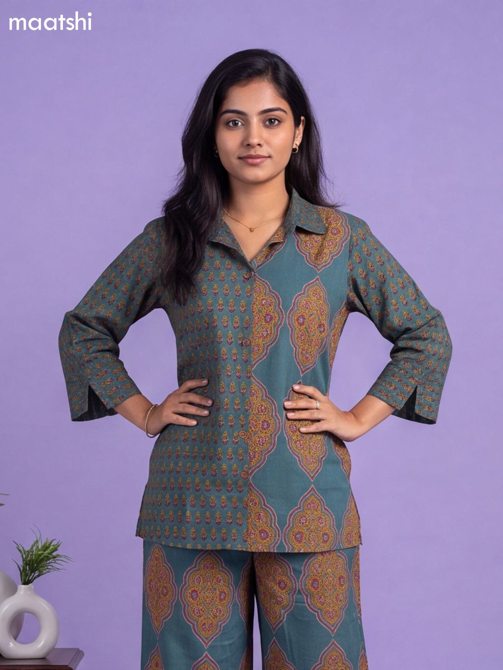 Teal Blue Cotton Kalamkari Printed Co-Ord Set