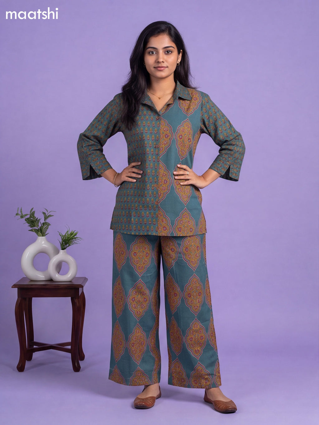 Teal Blue Cotton Kalamkari Printed Co-Ord Set