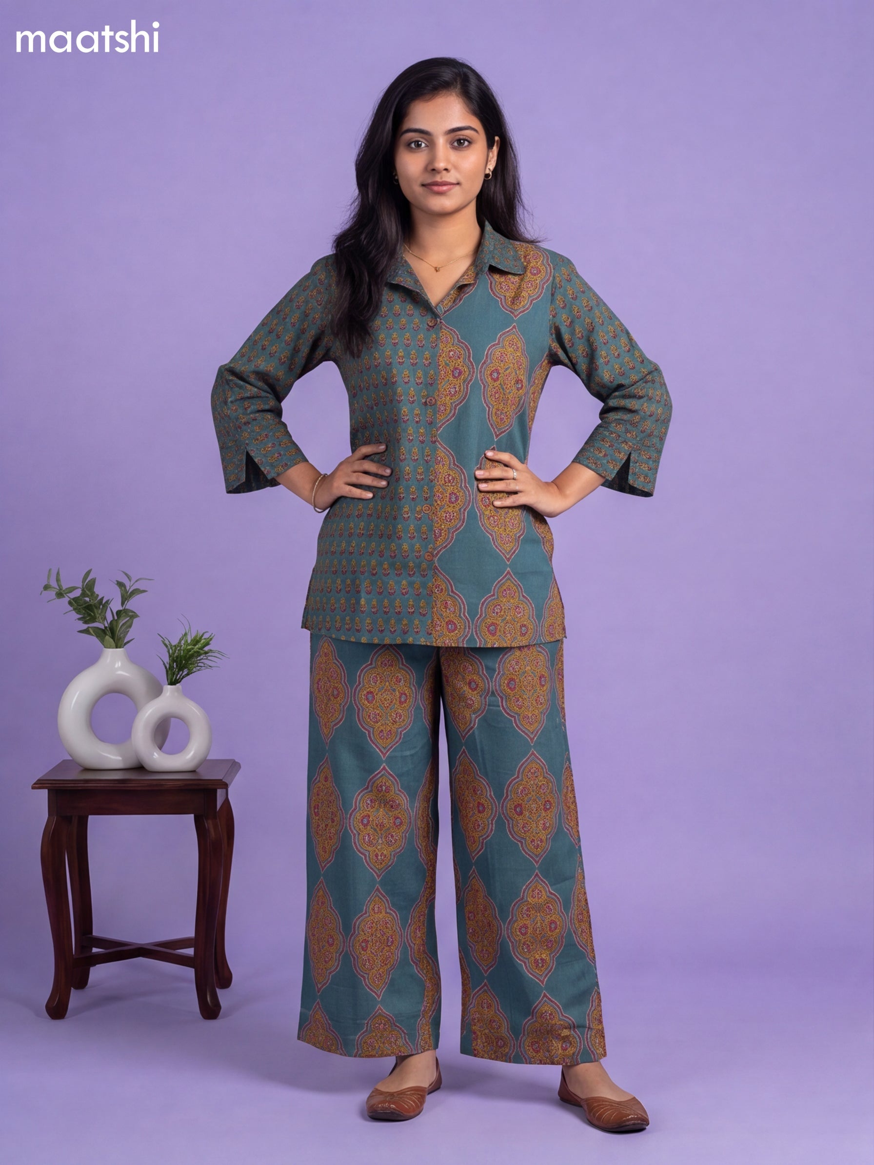 Teal Blue Cotton Kalamkari Printed Co-Ord Set