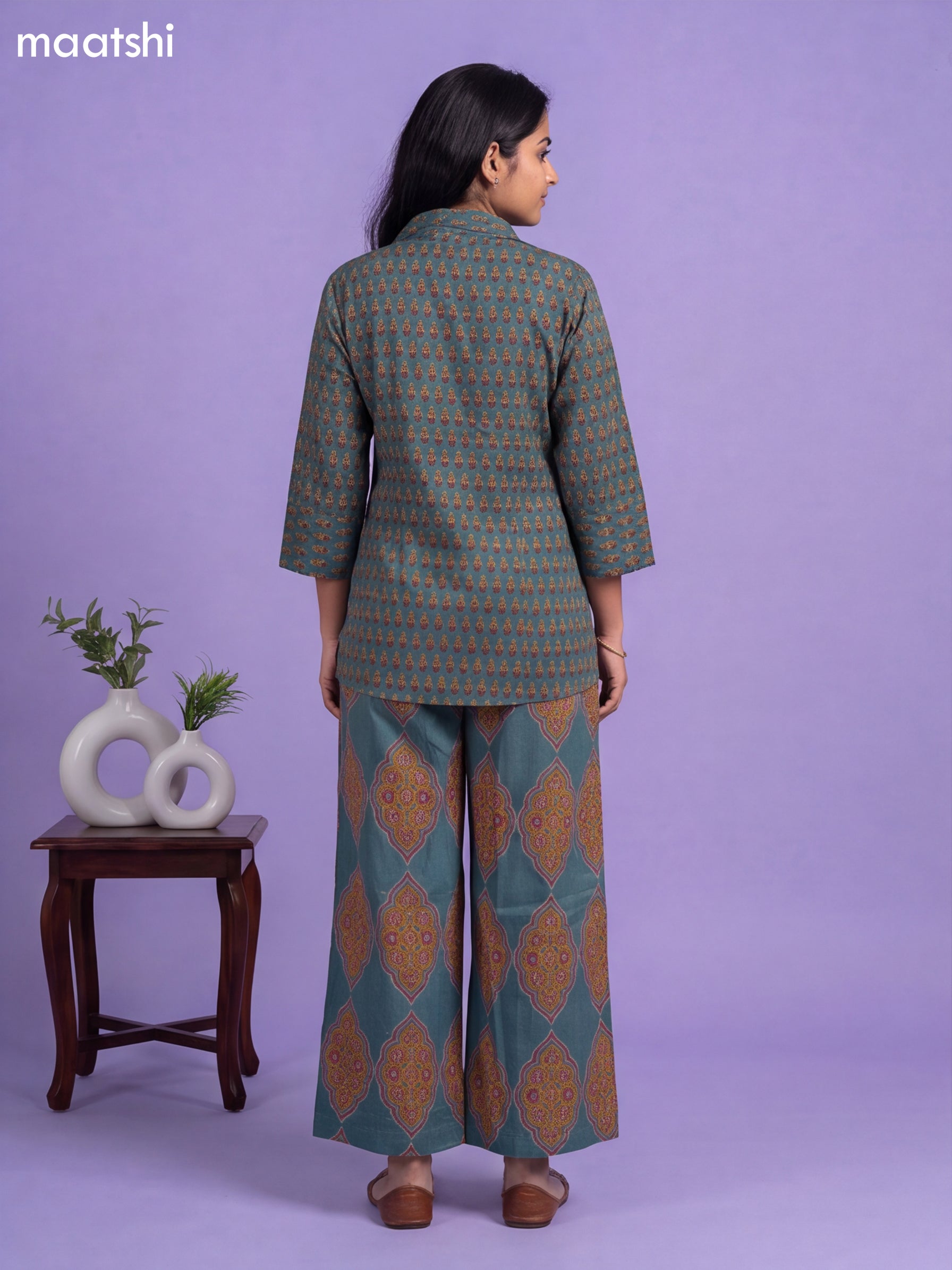Teal Blue Cotton Kalamkari Printed Co-Ord Set