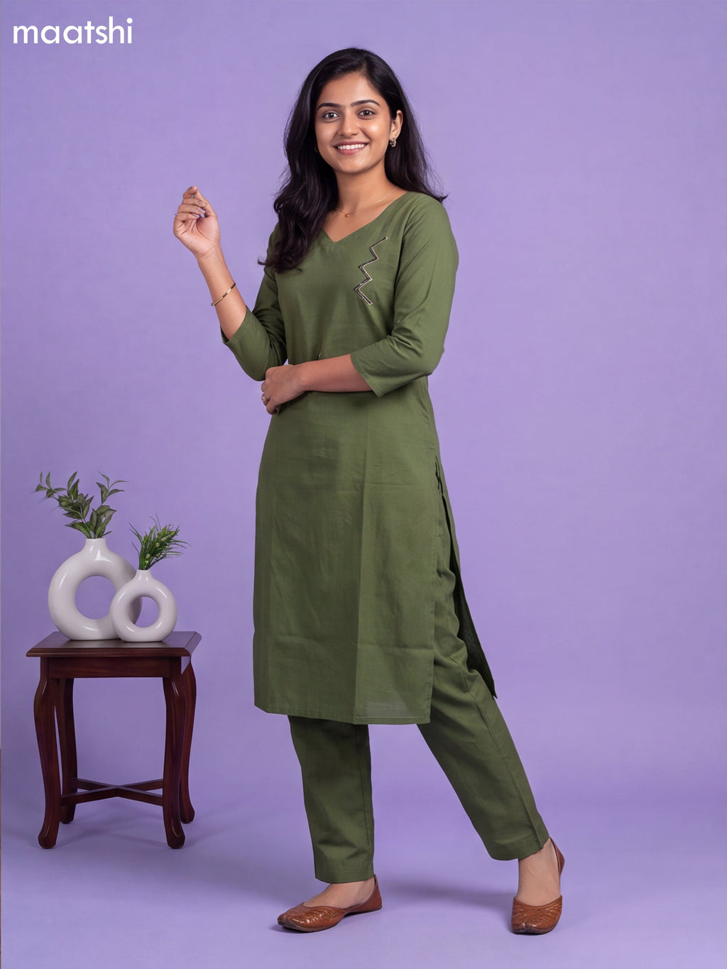 Green Cotton Embroidery Work Kurti & Bottom Set