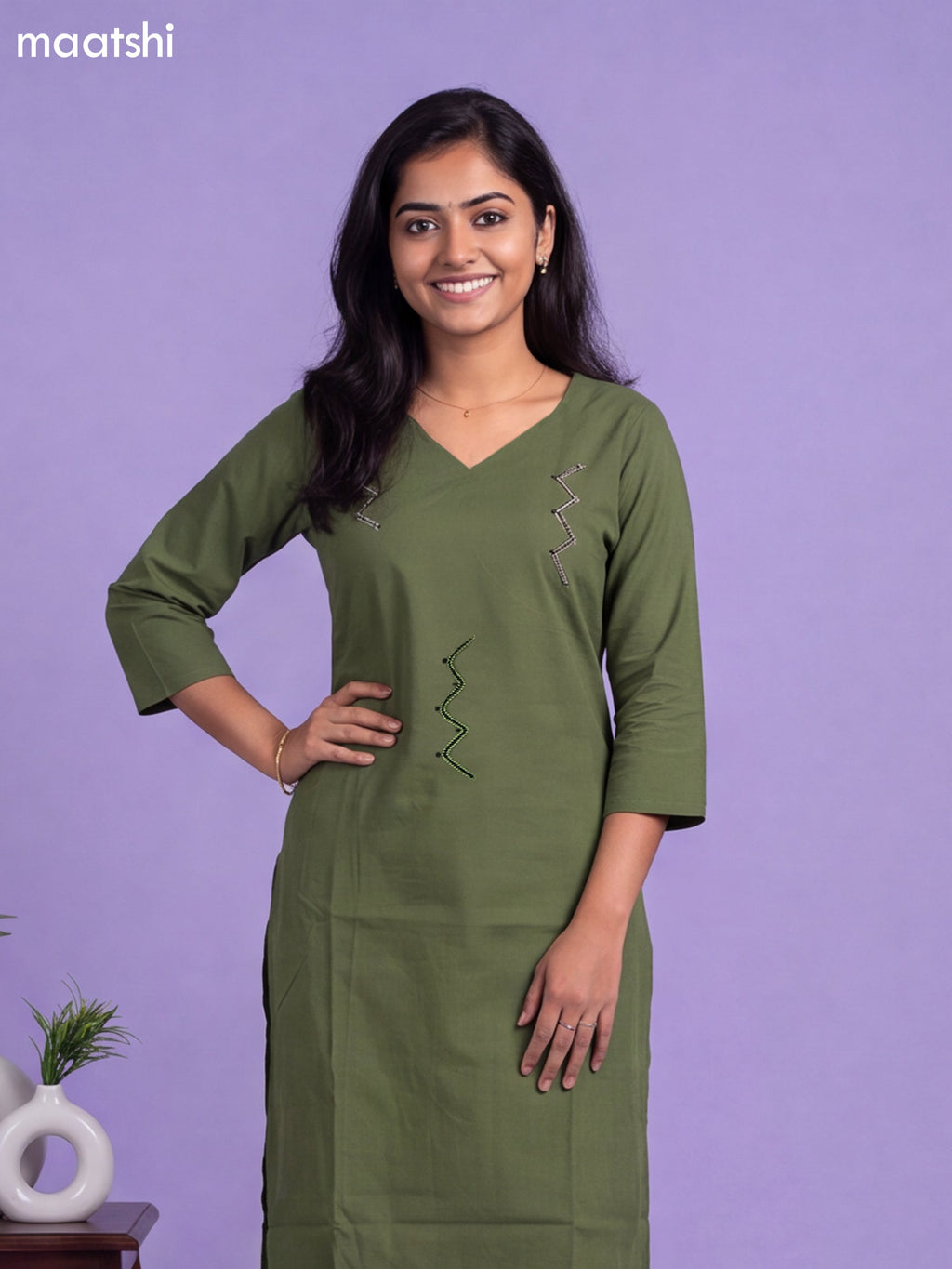 Green Cotton Embroidery Work Kurti & Bottom Set
