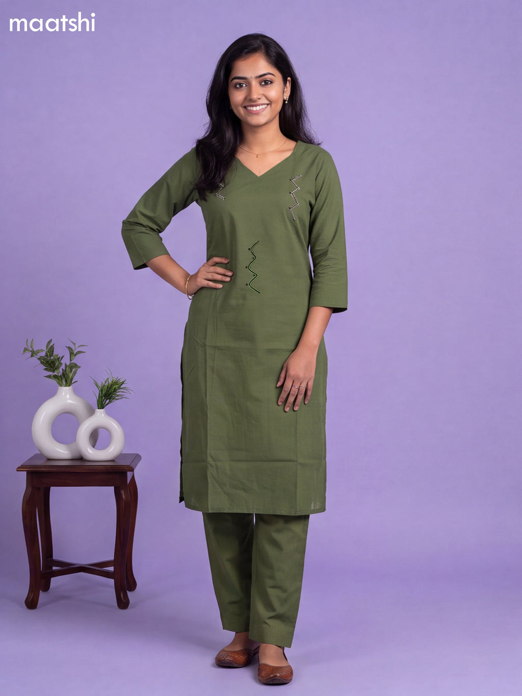 Green Cotton Embroidery Work Kurti & Bottom Set