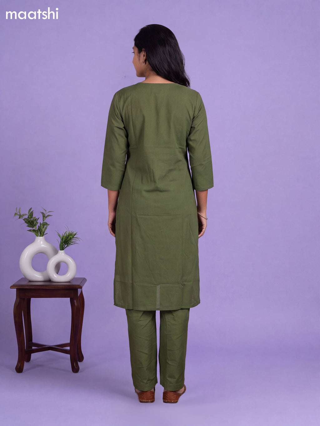 Green Cotton Embroidery Work Kurti & Bottom Set