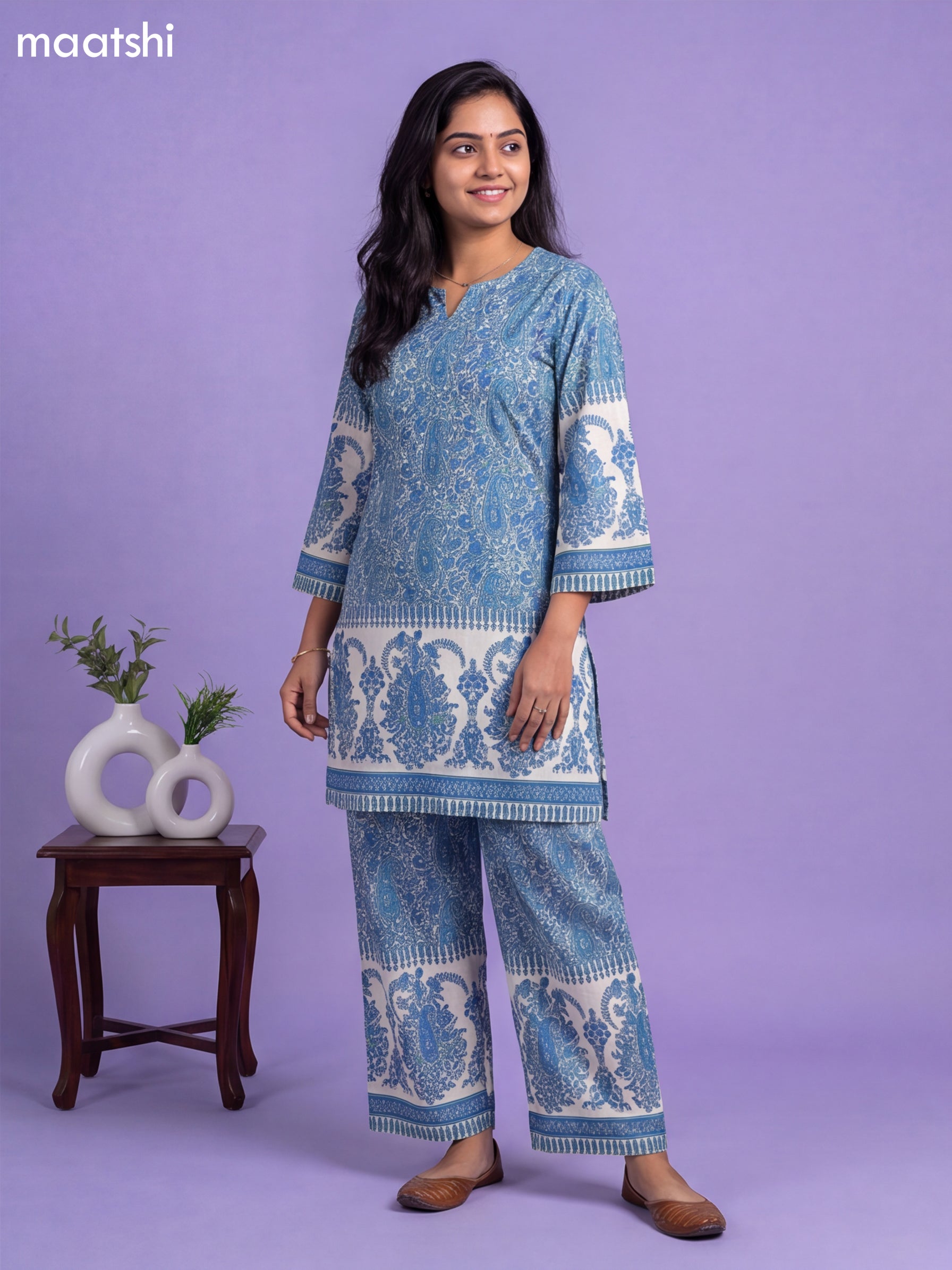 Off White and Blue Cotton Floral Printed Co-Ord Set