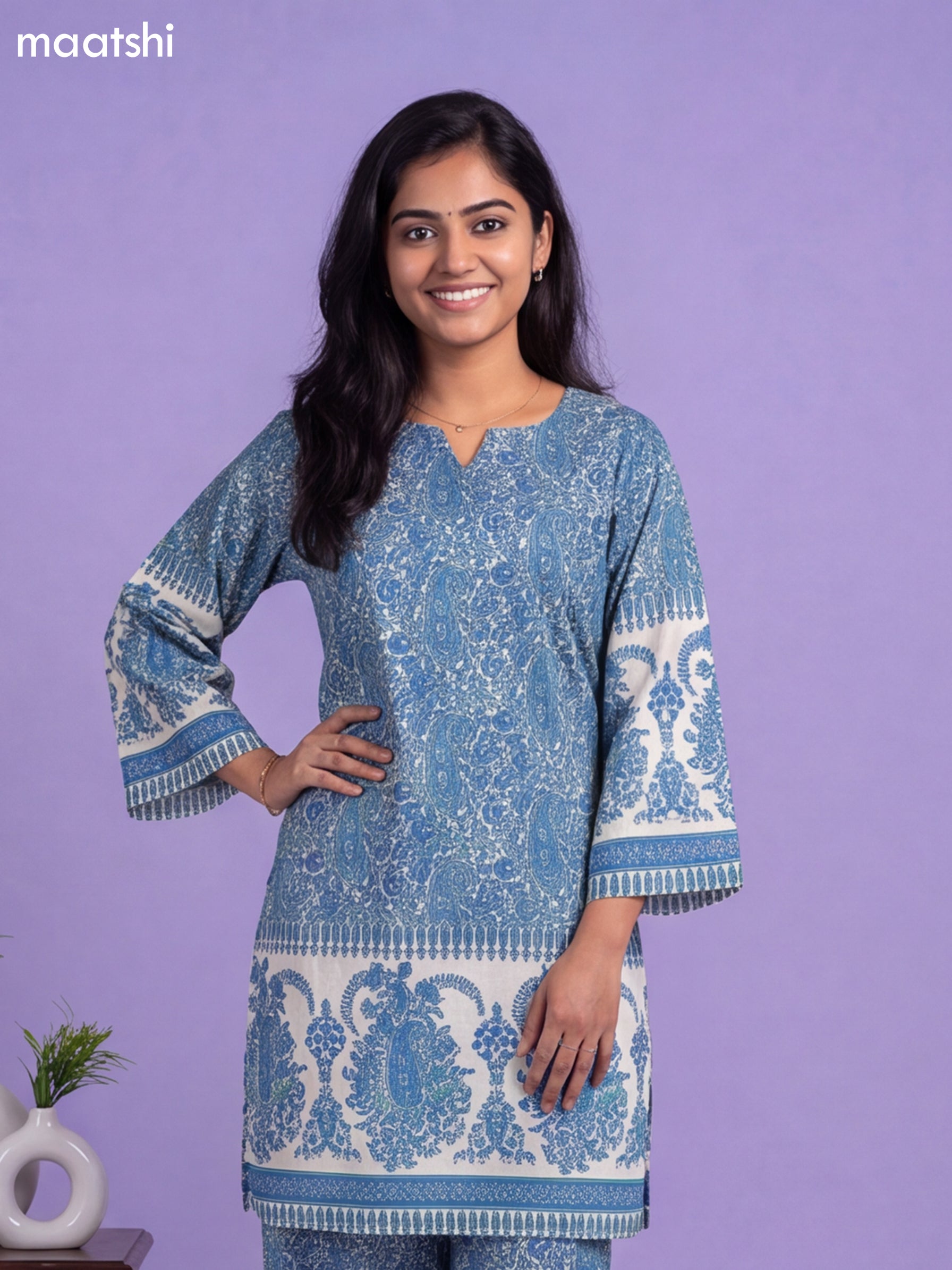 Off White and Blue Cotton Floral Printed Co-Ord Set