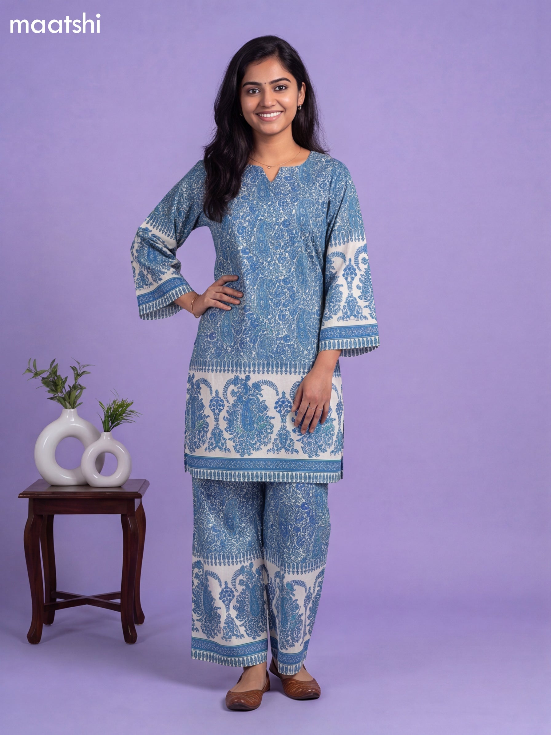 Off White and Blue Cotton Floral Printed Co-Ord Set