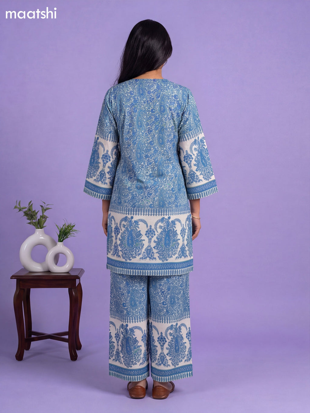 Off White and Blue Cotton Floral Printed Co-Ord Set
