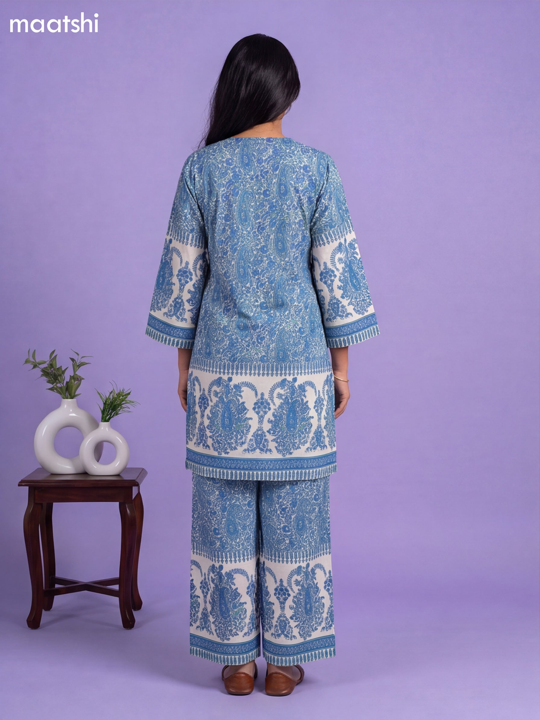 Off White and Blue Cotton Floral Printed Co-Ord Set