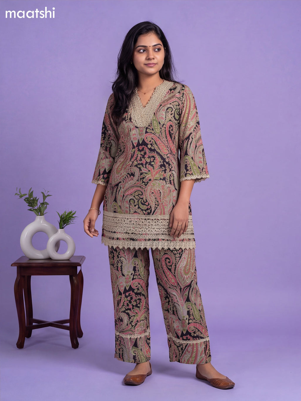 Black and Multi Colour Cotton Embroidery Work Co-Ord Set