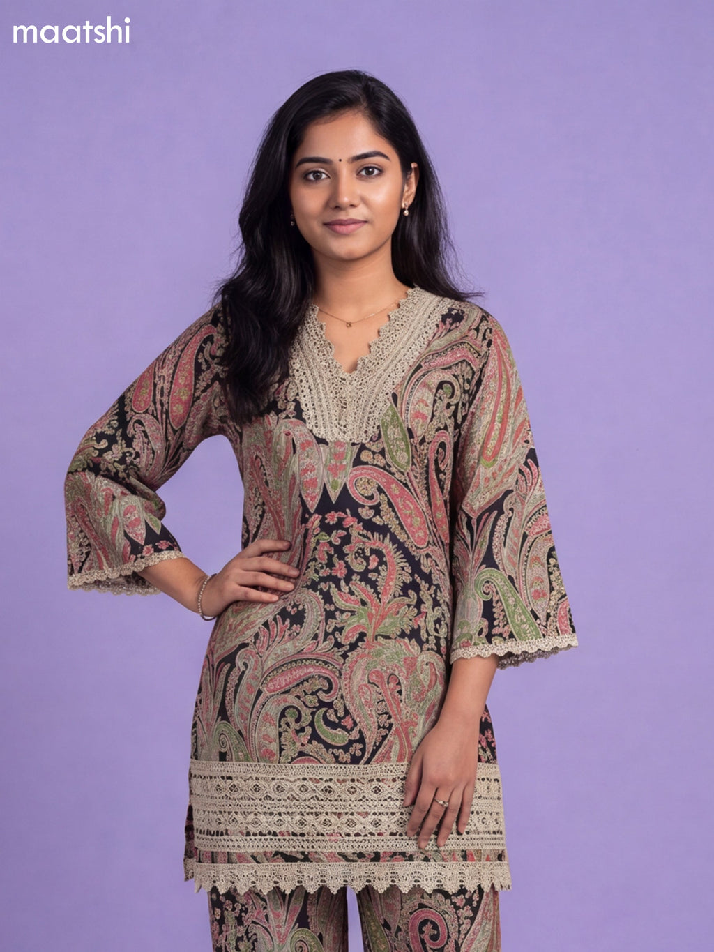 Black and Multi Colour Cotton Embroidery Work Co-Ord Set