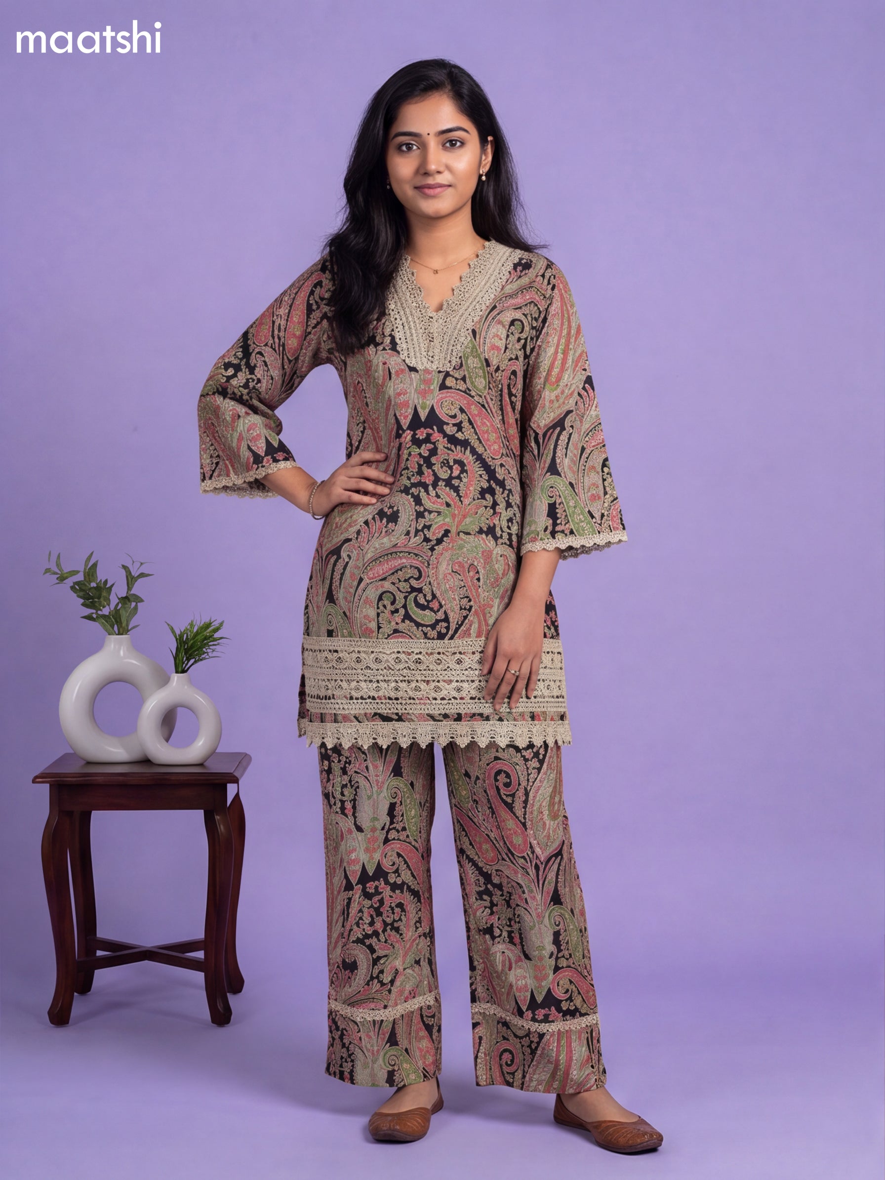 Black and Multi Colour Cotton Embroidery Work Co-Ord Set