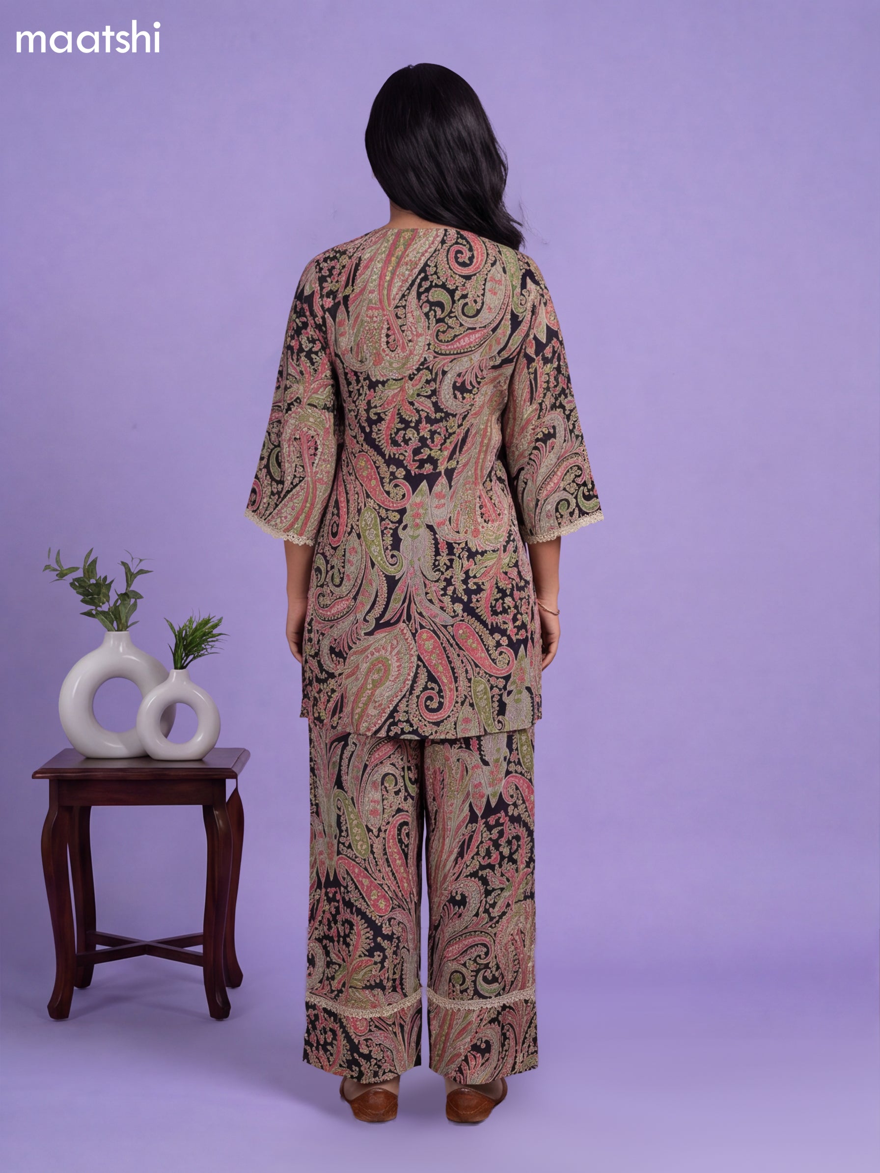 Black and Multi Colour Cotton Embroidery Work Co-Ord Set