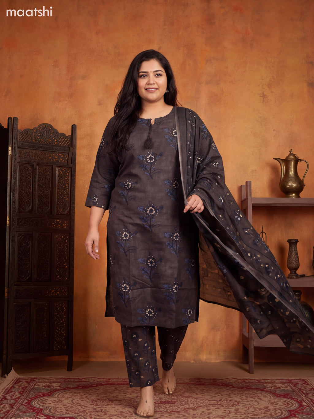Black and Blue Cotton Floral Printed & Simple Embroidery Work Pattern Straight Suit