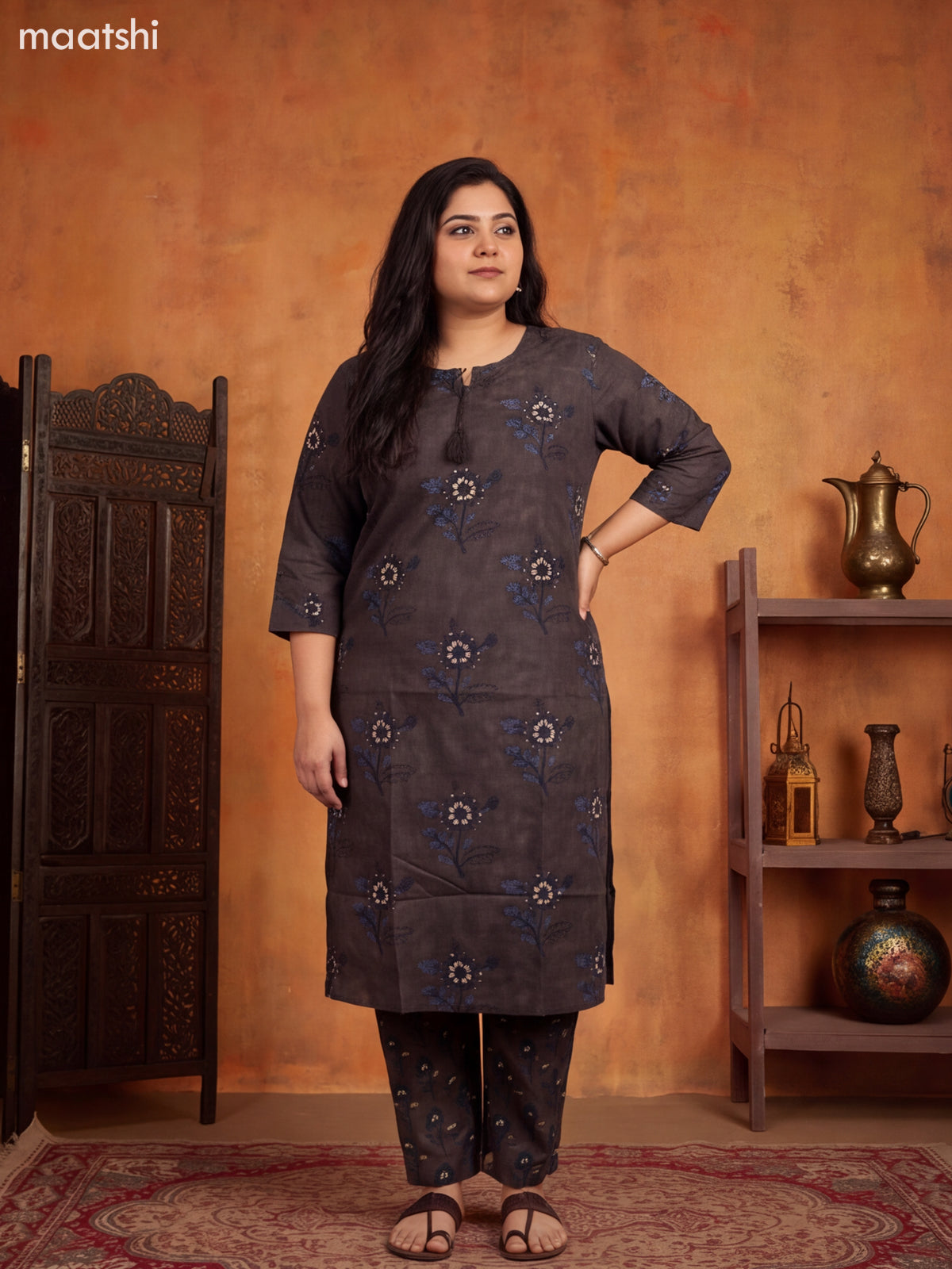 Black and Blue Cotton Floral Printed & Simple Embroidery Work Pattern Straight Suit