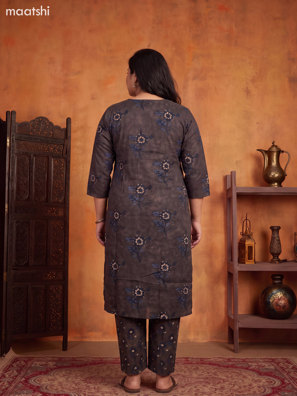 Black and Blue Cotton Floral Printed & Simple Embroidery Work Pattern Straight Suit