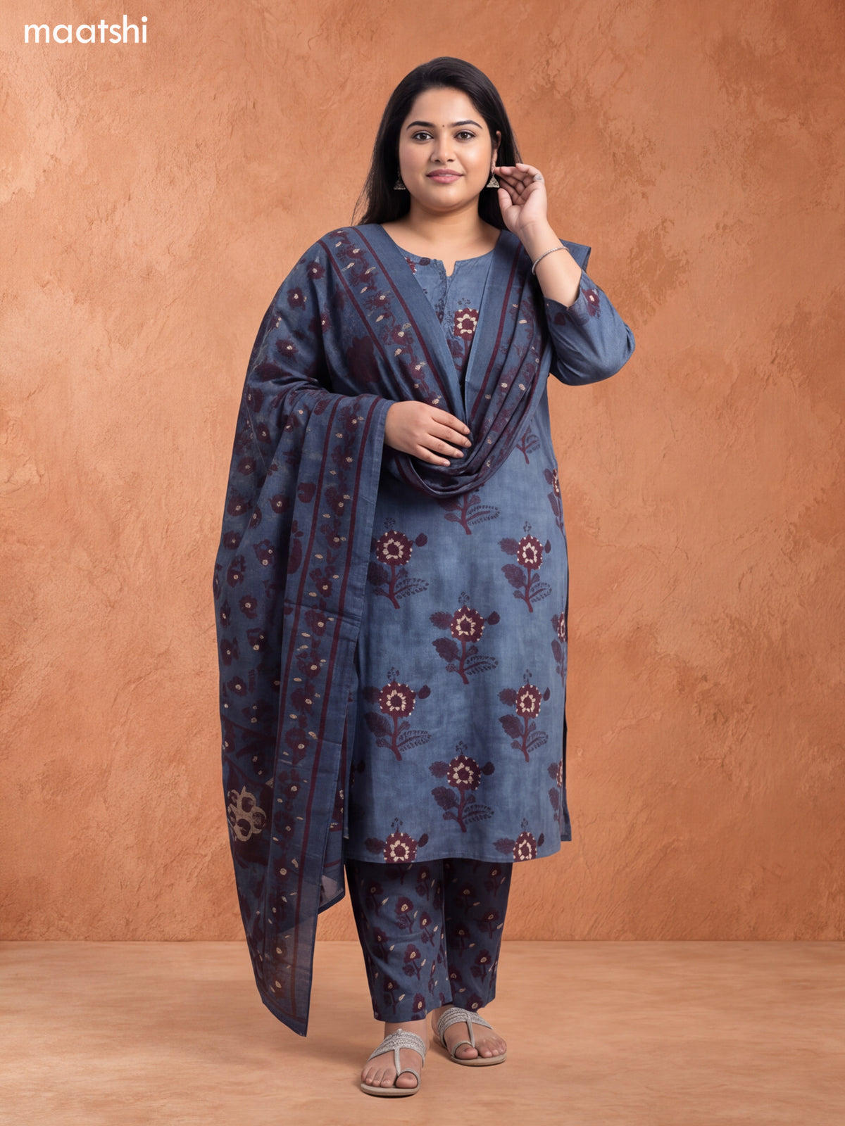 Teal Blue and Brown Cotton Floral Printed & Simple Embroidery Work Pattern Straight Suit