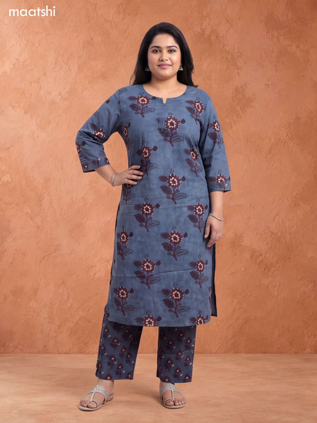 Teal Blue and Brown Cotton Floral Printed & Simple Embroidery Work Pattern Straight Suit