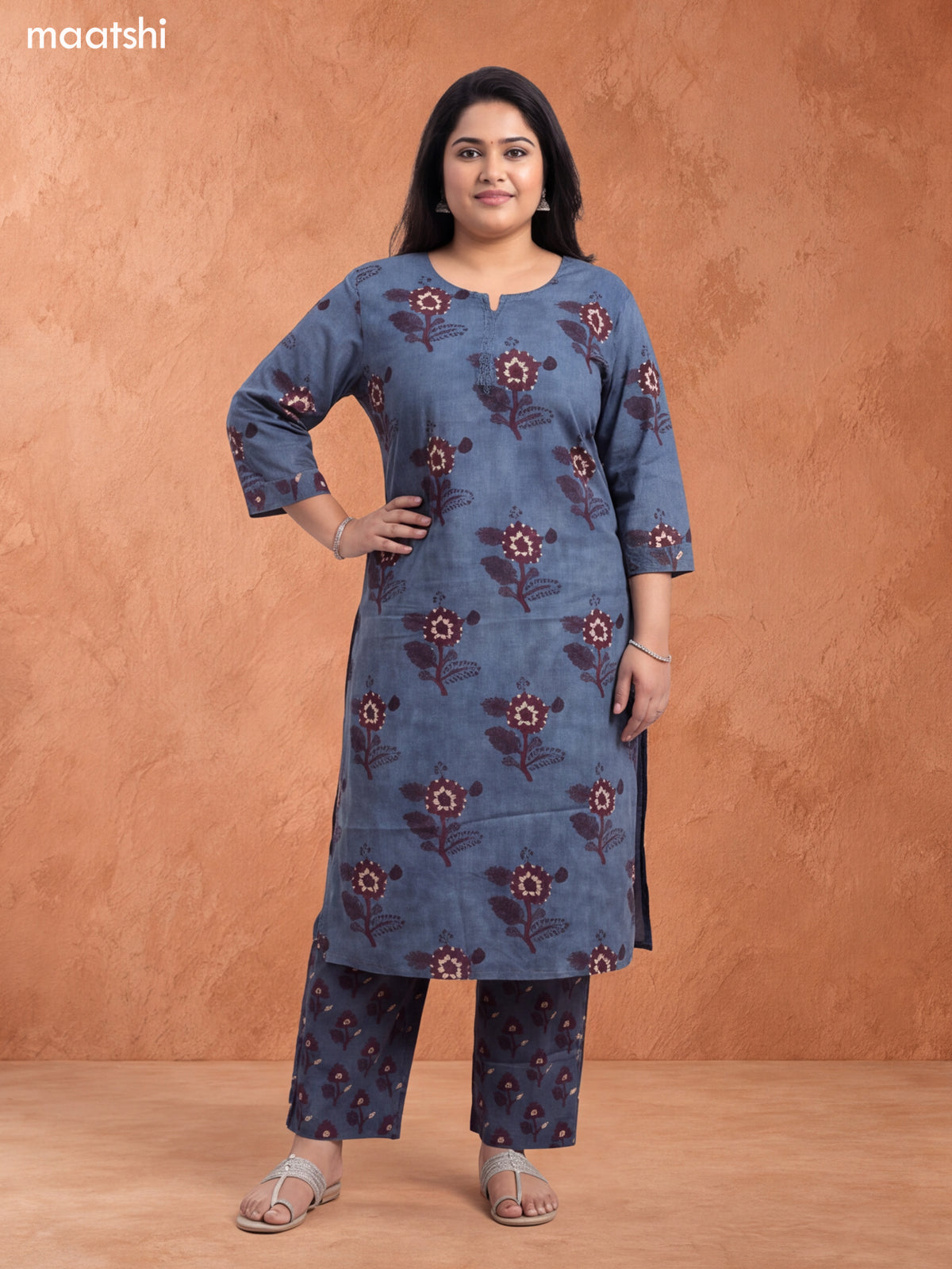 Teal Blue and Brown Cotton Floral Printed & Simple Embroidery Work Pattern Straight Suit