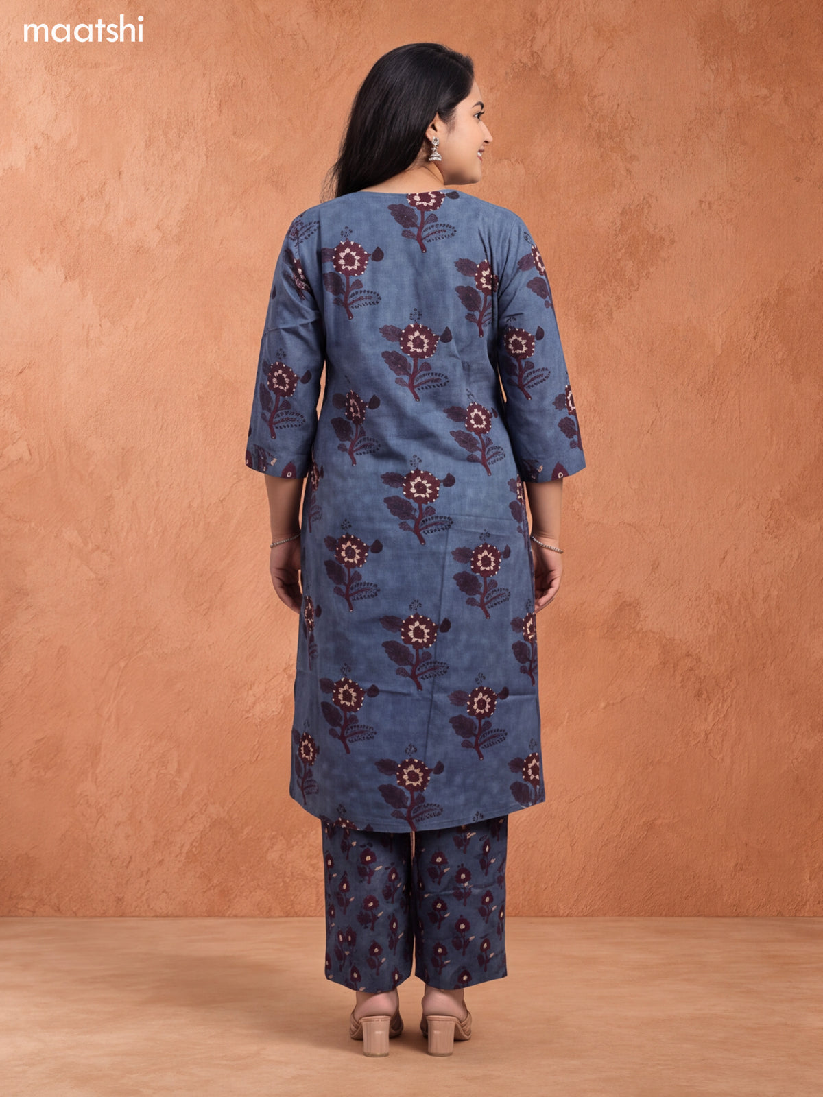 Teal Blue and Brown Cotton Floral Printed & Simple Embroidery Work Pattern Straight Suit
