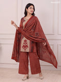 Rust and Biege Cotton Terracotta Ikat Geometry Printed & Simple Embroidery Work Straight Suit