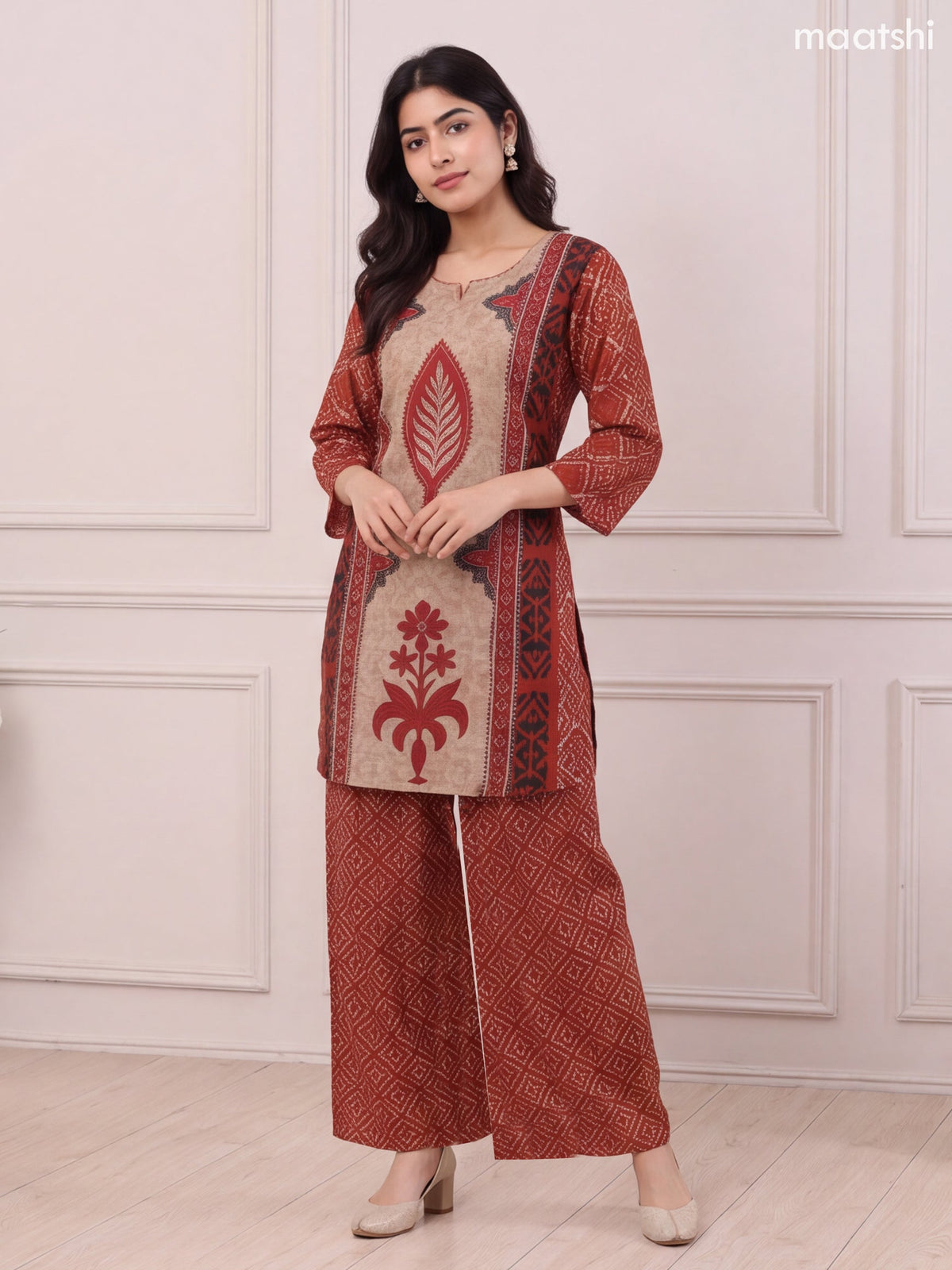Rust and Biege Cotton Terracotta Ikat Geometry Printed & Simple Embroidery Work Straight Suit
