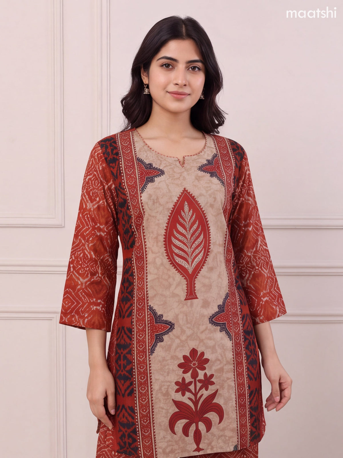 Rust and Biege Cotton Terracotta Ikat Geometry Printed & Simple Embroidery Work Straight Suit