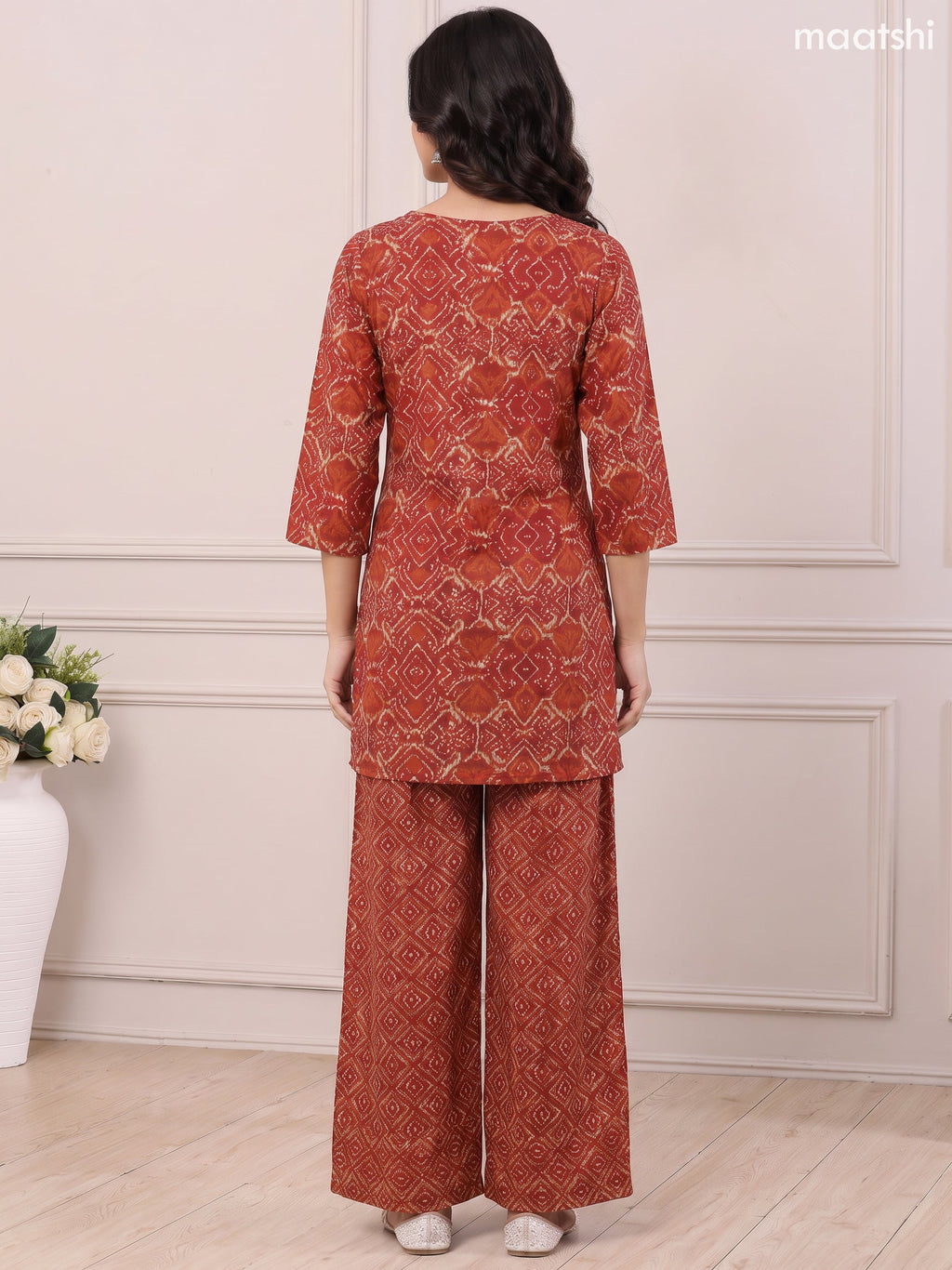 Rust and Biege Cotton Terracotta Ikat Geometry Printed & Simple Embroidery Work Straight Suit