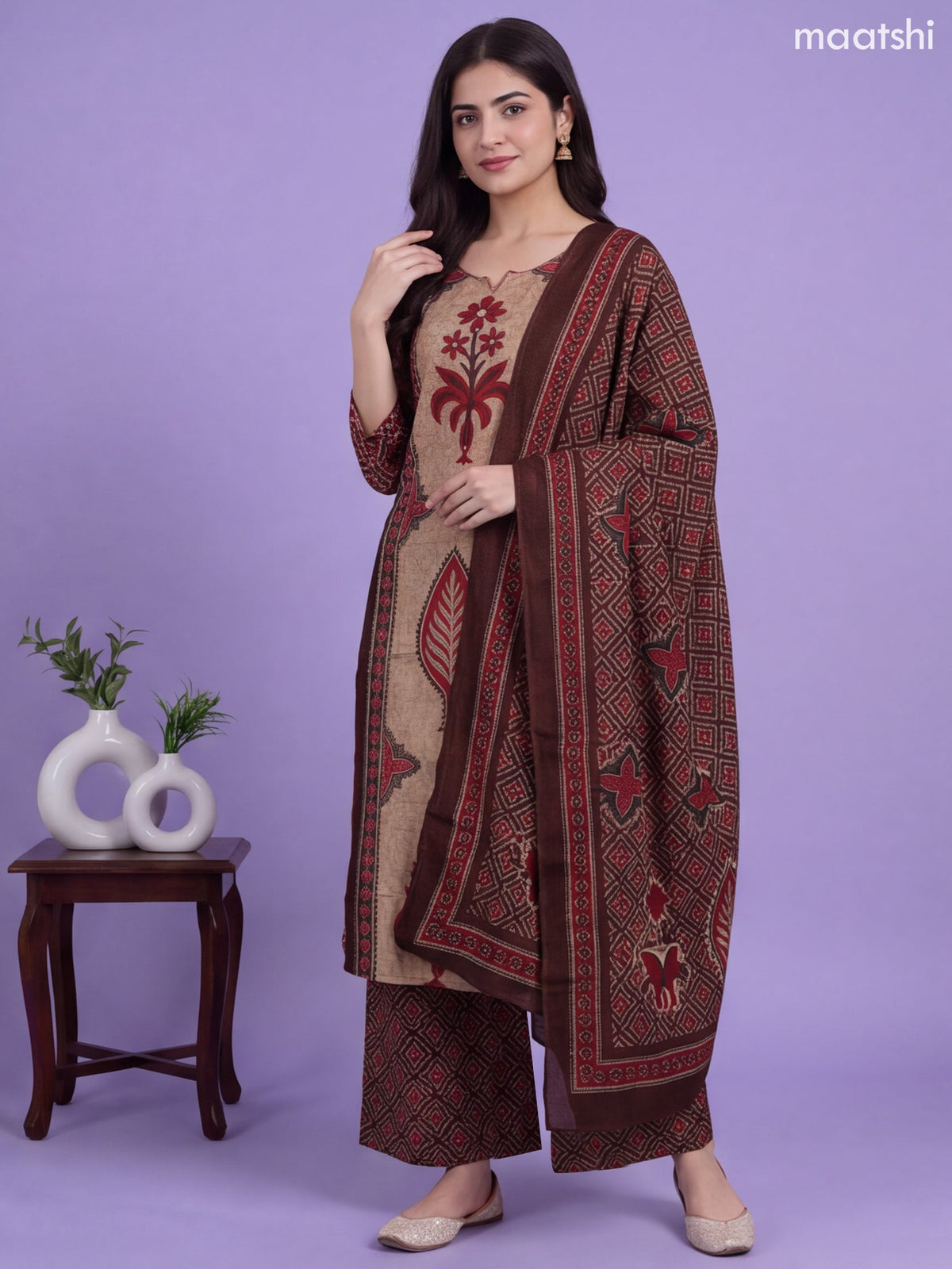 Brown and Biege Cotton Terracotta Ikat Geometry Printed & Simple Embroidery Work Straight Suit