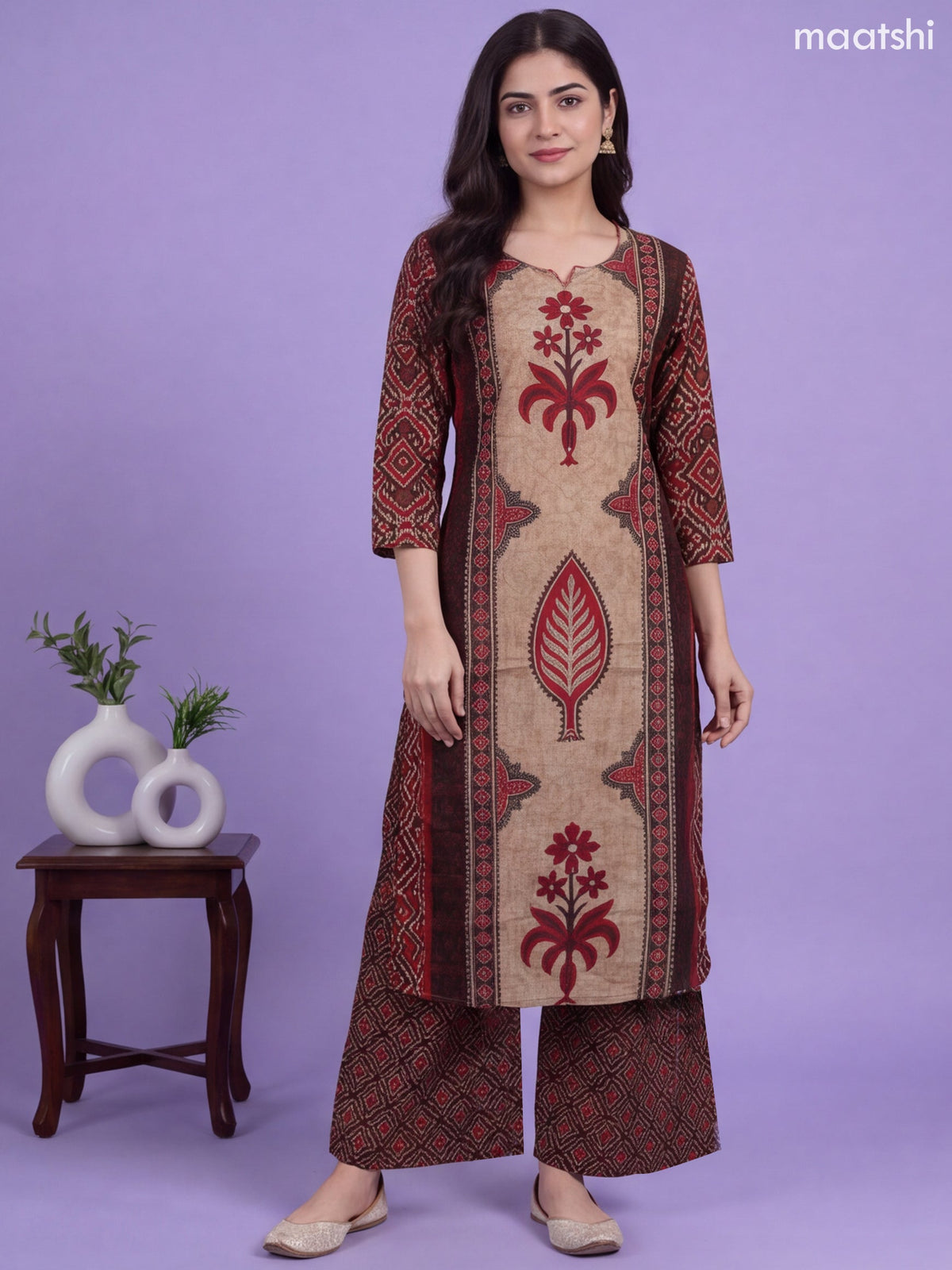 Brown and Biege Cotton Terracotta Ikat Geometry Printed & Simple Embroidery Work Straight Suit