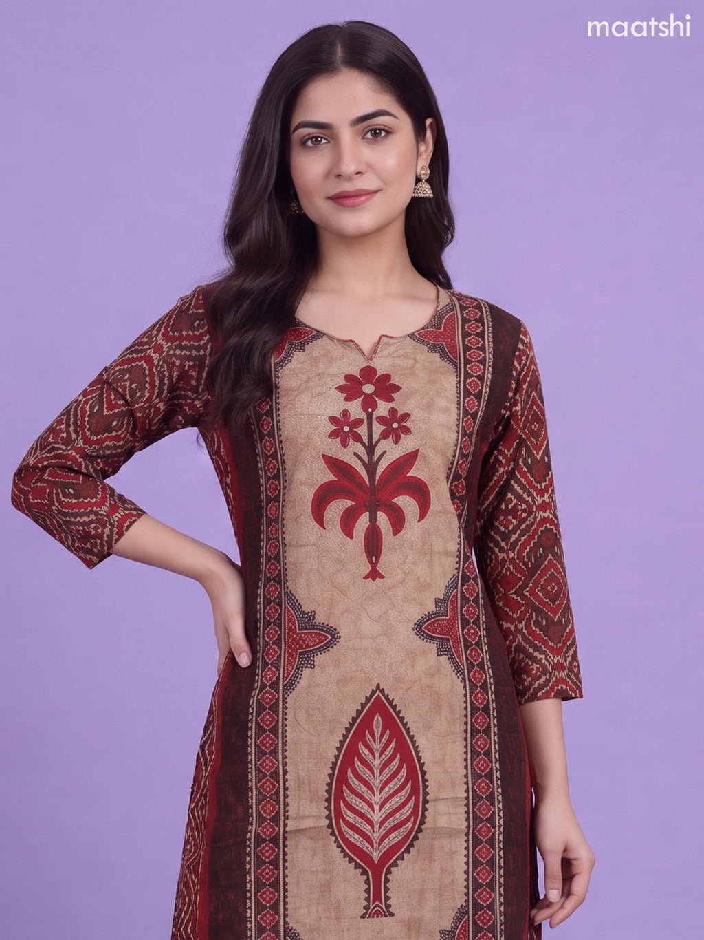 Brown and Biege Cotton Terracotta Ikat Geometry Printed & Simple Embroidery Work Straight Suit