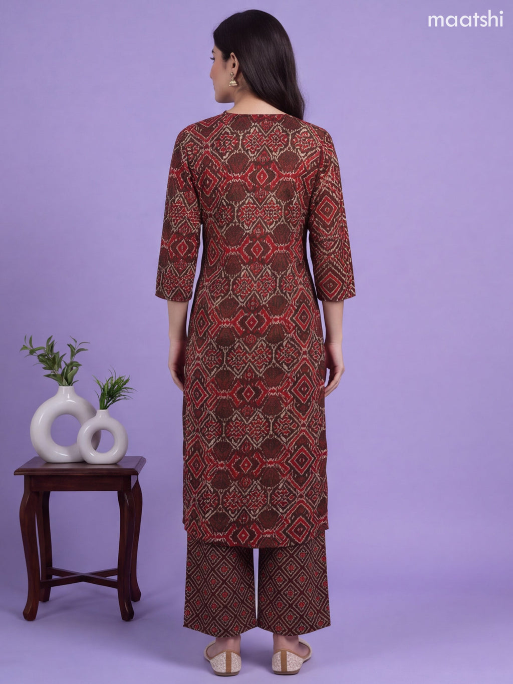 Brown and Biege Cotton Terracotta Ikat Geometry Printed & Simple Embroidery Work Straight Suit