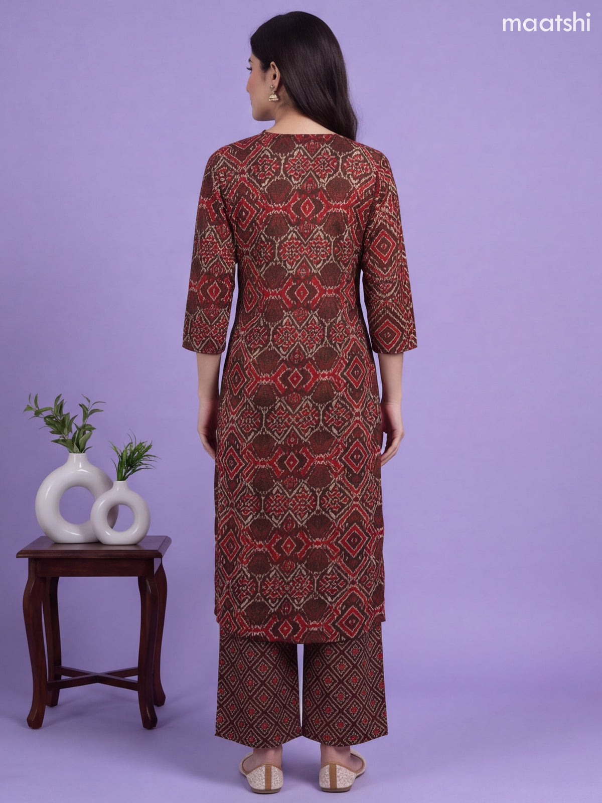 Brown and Biege Cotton Terracotta Ikat Geometry Printed & Simple Embroidery Work Straight Suit
