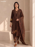Coffee Brown Cotton Embroidery Work Neck Pattern Straight Suit