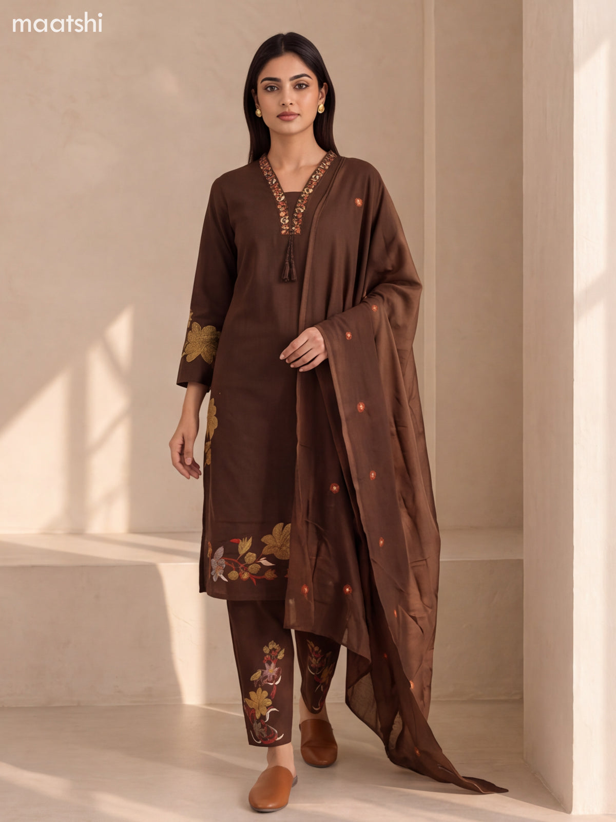 Coffee Brown Cotton Embroidery Work Neck Pattern Straight Suit