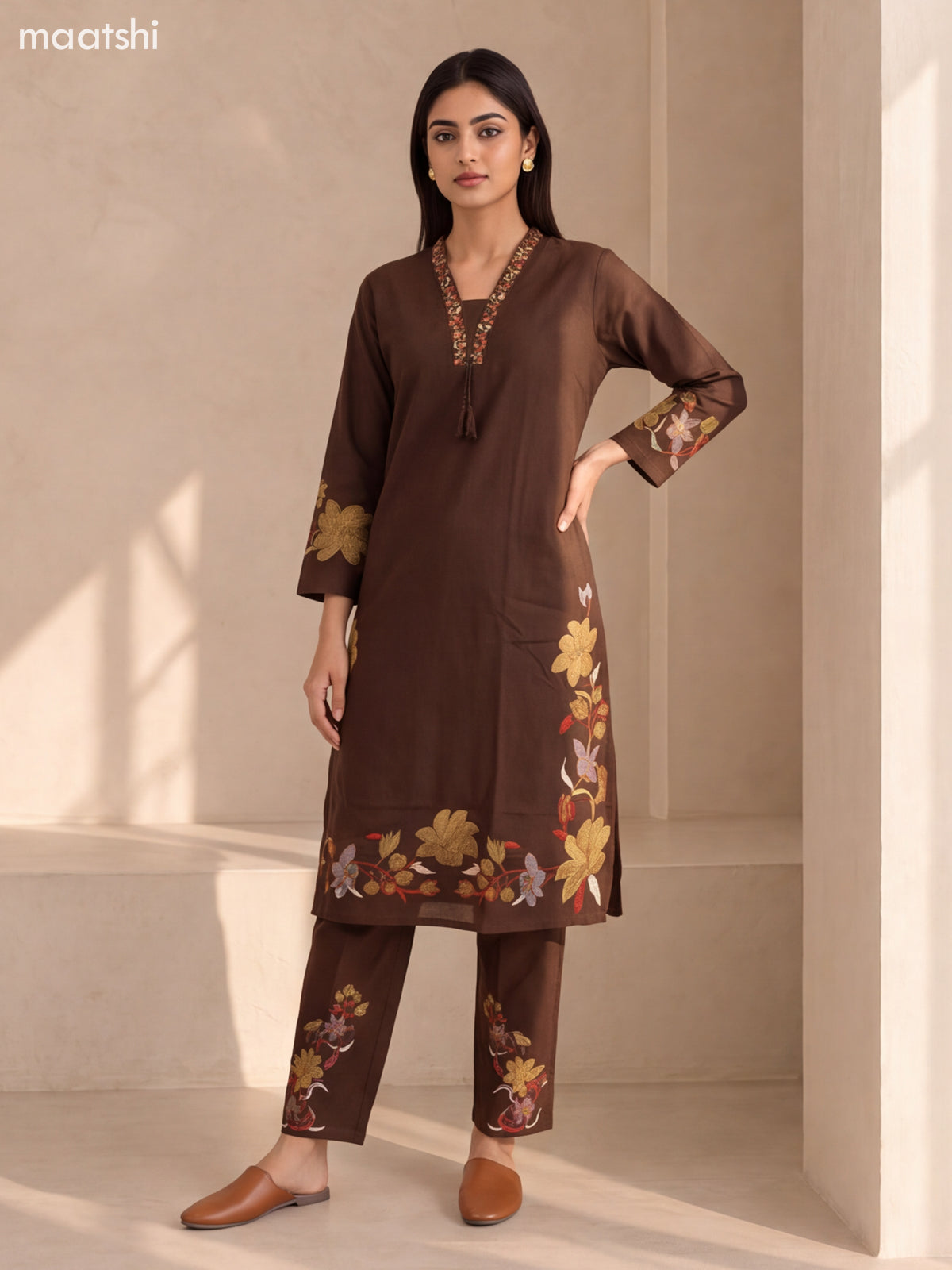 Coffee Brown Cotton Embroidery Work Neck Pattern Straight Suit