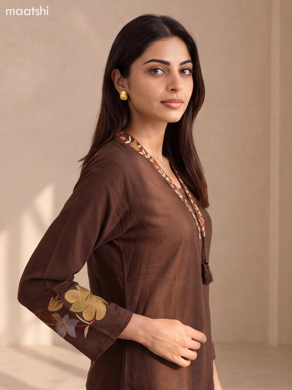 Coffee Brown Cotton Embroidery Work Neck Pattern Straight Suit