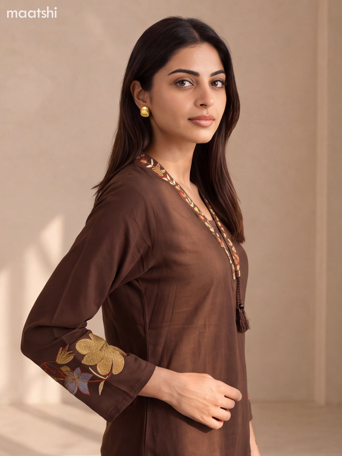 Coffee Brown Cotton Embroidery Work Neck Pattern Straight Suit