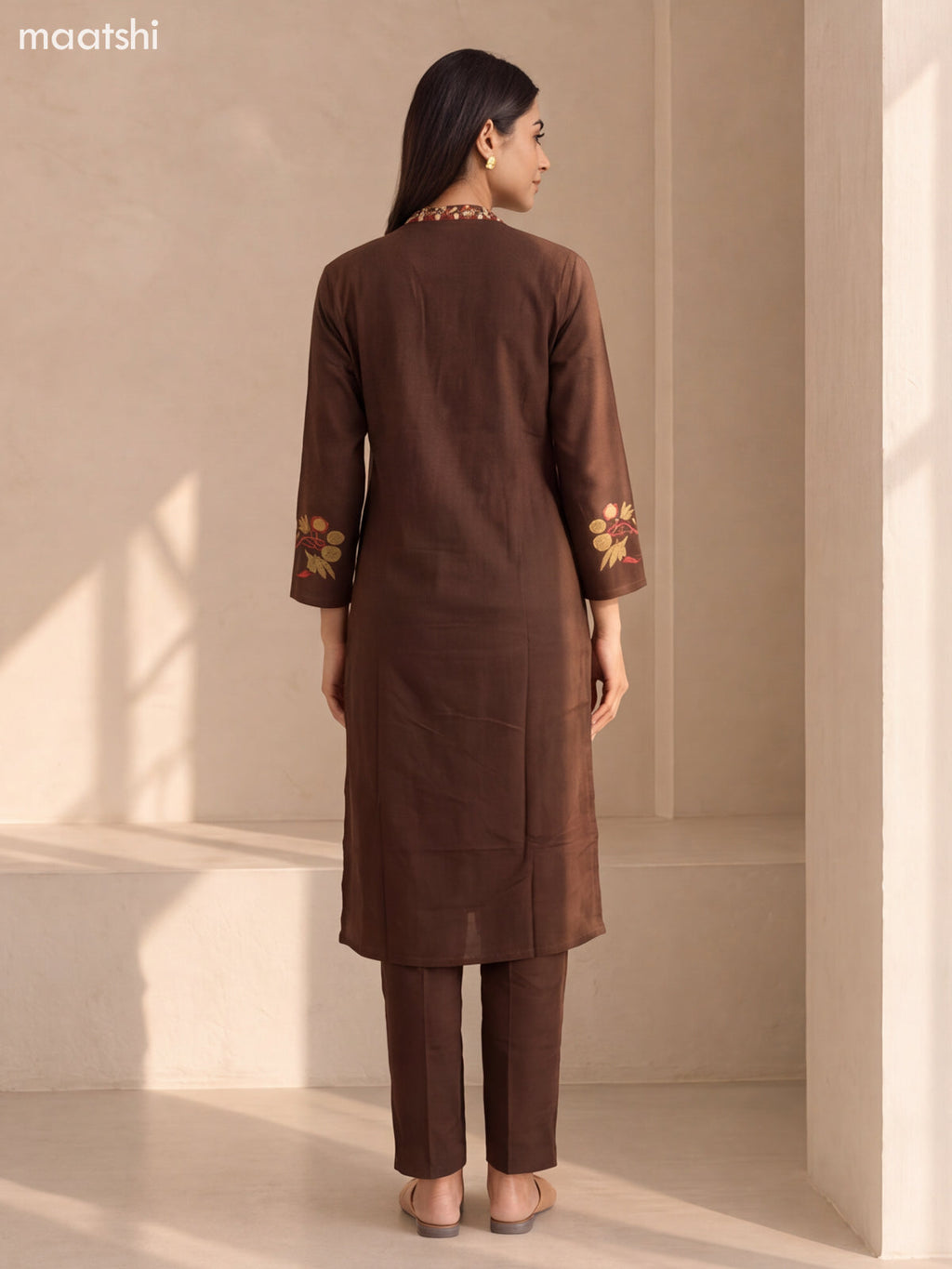 Coffee Brown Cotton Embroidery Work Neck Pattern Straight Suit