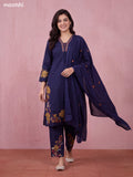 Navy Blue Cotton Embroidery Work Neck Pattern Straight Suit