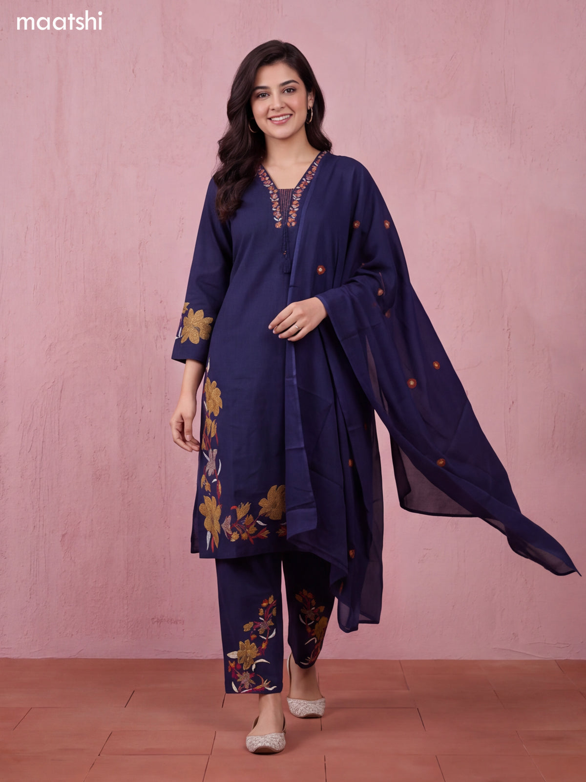 Navy Blue Cotton Embroidery Work Neck Pattern Straight Suit
