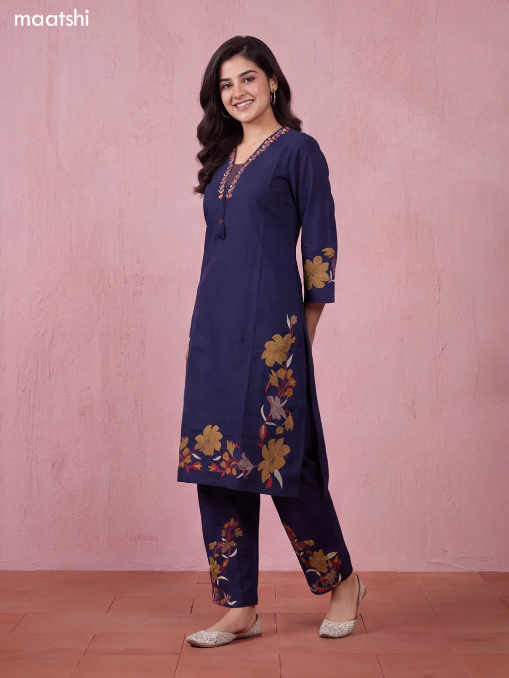 Navy Blue Cotton Embroidery Work Neck Pattern Straight Suit