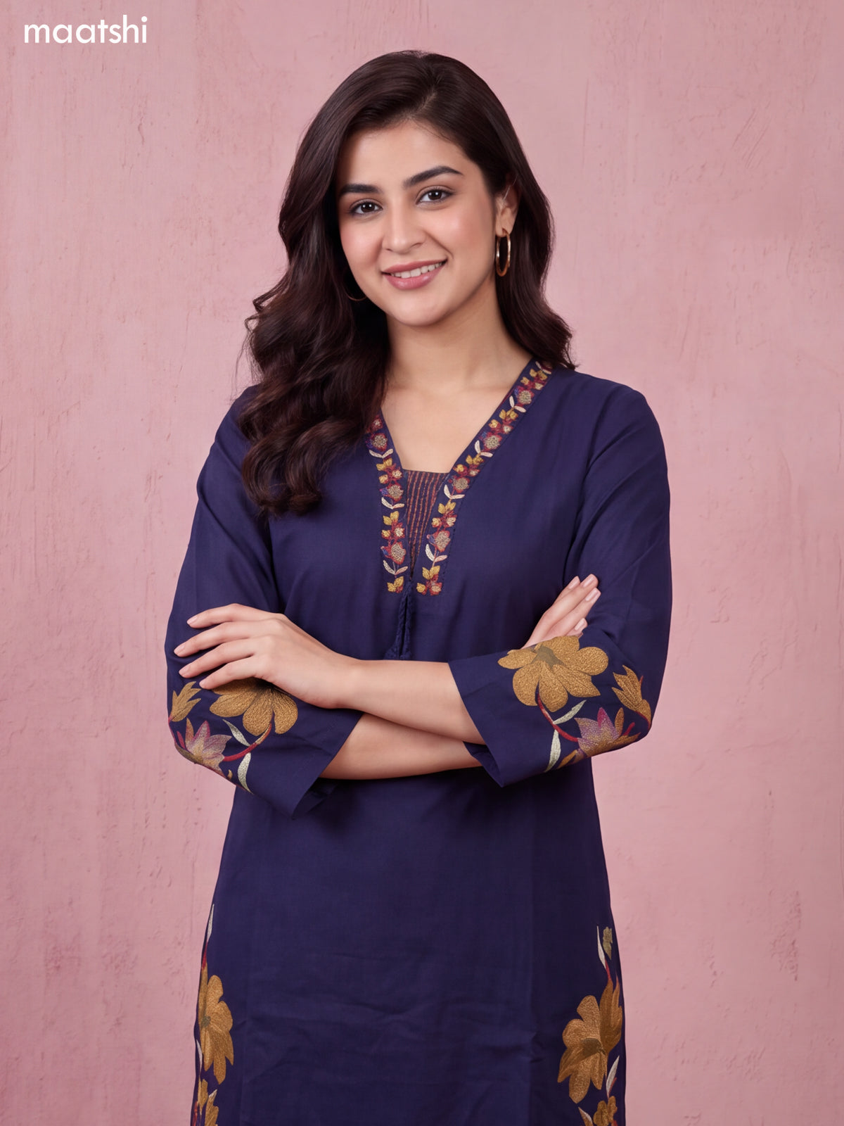Navy Blue Cotton Embroidery Work Neck Pattern Straight Suit