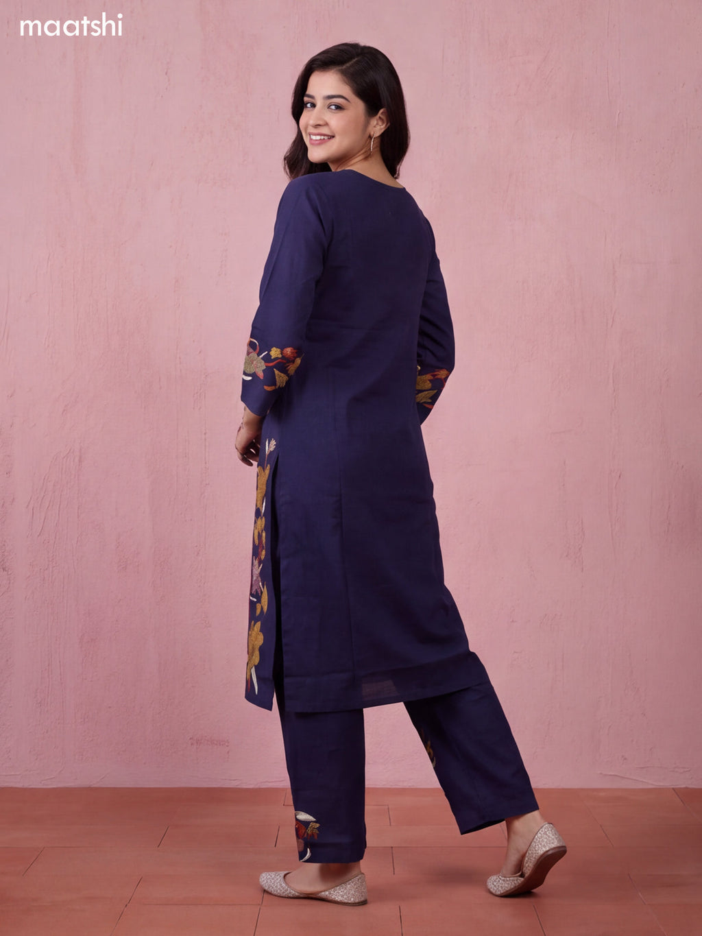 Navy Blue Cotton Embroidery Work Neck Pattern Straight Suit