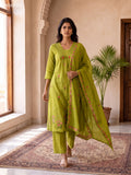Olive Green Cotton Embroidery Work Neck Pattern Anarkali Suit