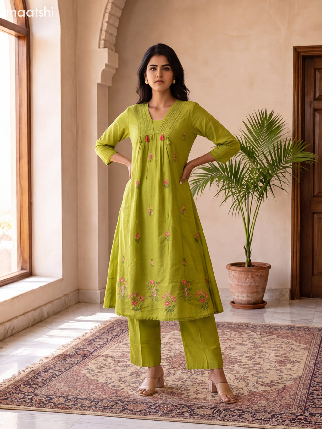 Olive Green Cotton Embroidery Work Neck Pattern Anarkali Suit
